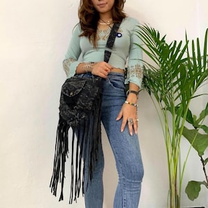 Stonewashed Triangular Cotton Crossbody Bag with Fringe, Boho Hippie Vintage Vibe Festival Bag, Fun Unisex  Gift, Handmade Bag Long Fringe