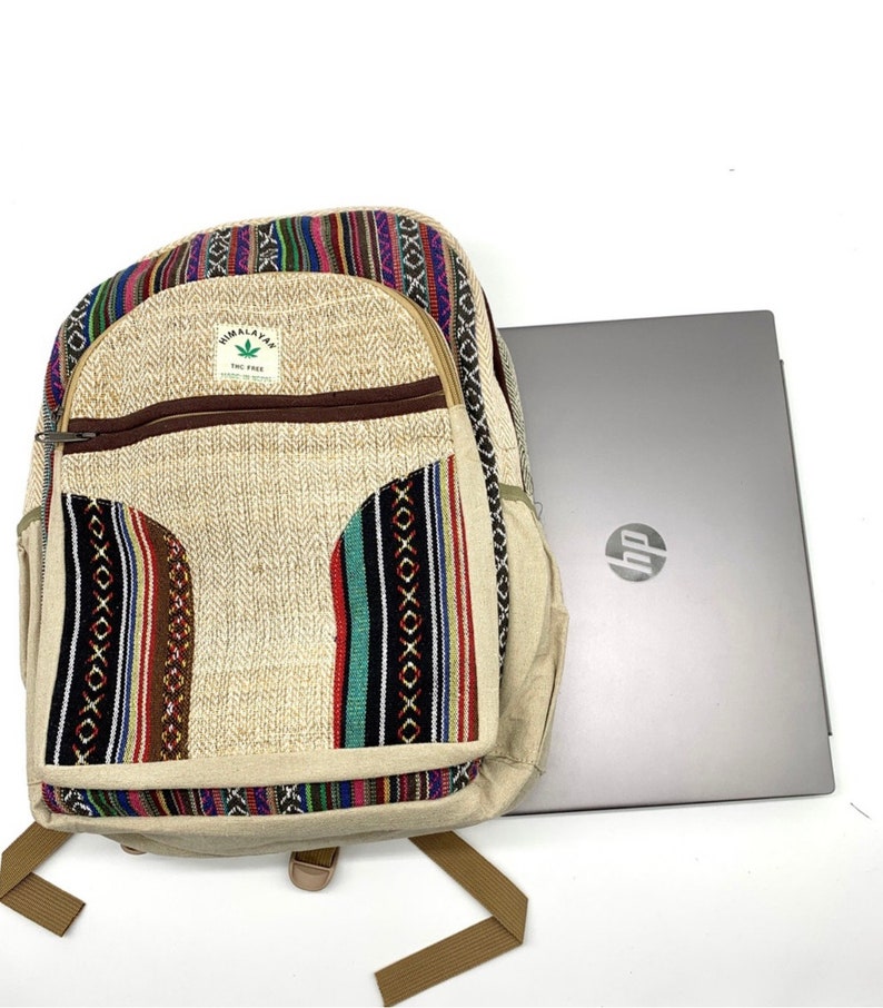 Handmade Large Hemp Laptop Backpack ,LARGE Himalayan Hemp Backpack with LAPTOP POCKET, Fair Trade Hiking Boho Bag Hippie Bag,Travel Bag image 5