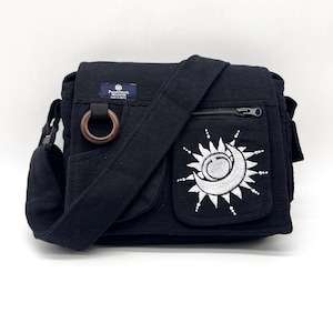 Messenger Crossbody Bag with  Sun Moon Embroidery/ Handmade Bag/ Crossbody/ Cotton Bag/ Vegan/ Organic/ Travel / Work / Casual/ Gift/Unisex