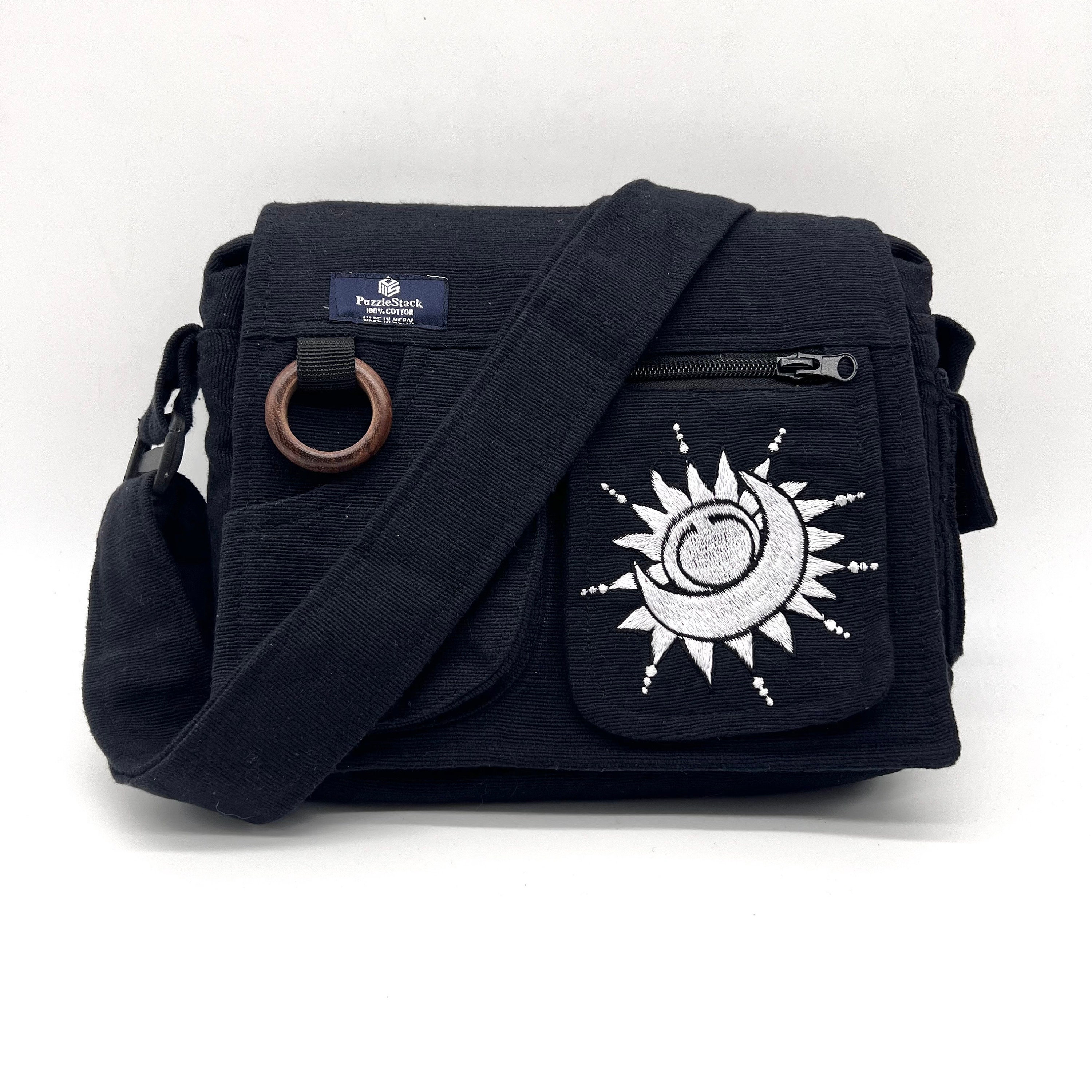 Messenger Crossbody Bag With Sun Moon Embroidery/ Handmade