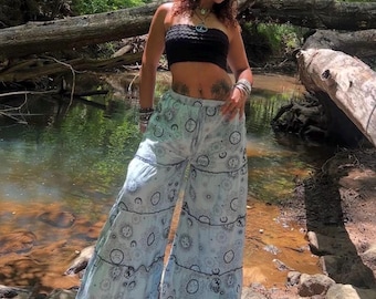 Celestial festival palazzo pants, boho hippie comfy pants,hippi bell bottoms, summer cotton wide-leg pants, psychedelic fashion, yoga pants