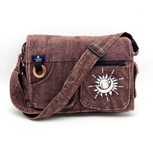 Braun Stone-washed Gestickte Umhängetasche, Unisex Baumwolle Laptop Schultertasche, Laptop Messenger Bag, Sun Moon Celestial, Messenger Bag