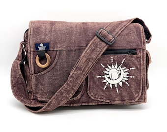 Brown Stone-Washed Embroidered Messenger Bag,Unisex Cotton Laptop Shoulder Bag, Laptop Messenger Bag,Sun Moon Celestial ,Messenger Bag