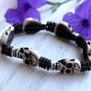 Hand Carved Skull Bone Bracelet , Gothic Halloween Jewelry, Dark Fashion Skeleton bracelet, Goth Bone Jewelry, Goth Gift, Grunge Gift Men