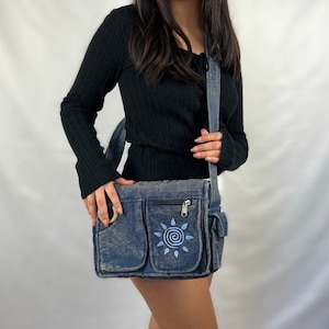 Sac messager multi-poches, broderie soleil, sac décontracté minimaliste, sac bandoulière, coton biologique, sac à bandoulière, rentrée scolaire