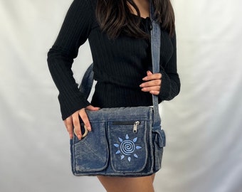Sac messager multi-poches, broderie soleil, sac décontracté minimaliste, sac bandoulière, coton biologique, sac à bandoulière, rentrée scolaire