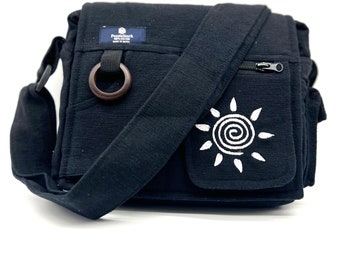 Messenger Crossbody Bag with Swirl Sun Embroidery/ Handmade Bag/ Crossbody/ Cotton Bag/ Vegan/ Organic/ Travel / Work / Casual/ Gift/Unisex