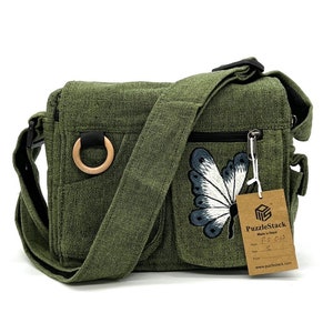 Messenger Crossbody Bag with Butterfly Embroidery,Shoulder Cotton Bag,Handmade Crossbody, Vegan Organic, Travel , Work , Casual, Gift,Unisex