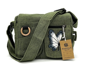 Sac messager à bandoulière avec broderie papillon, sac à bandoulière en coton, fait main, végétalien bio, voyage, travail, décontracté, cadeau, unisexe