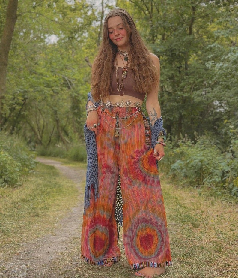 Tie-dye festival palazzo pants, boho hippie comfy pants,hippi bell bottoms, summer cotton wide-leg pants, psychedelic fashion, yoga pants image 4