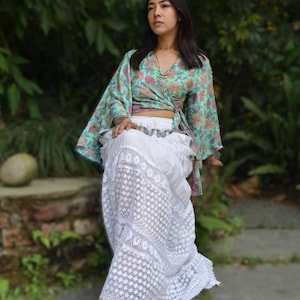 Boho Festival Cottage core Long White Skirt with Lace Eyelet Tiered Long Skirt,Gift for her,Vintage Style Maxi skirt, Cotton Summer Skirt