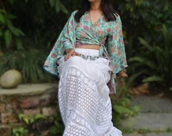 Falda larga blanca estilo boho festivalero con encaje y volantes, ideal para regalar. Falda maxi de estilo vintage, de algodón, perfecta para el verano.