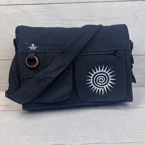 Black Cotton Messenger Laptop Crossbody Bag, Shoulder Travel bag, Unisex Messenger Laptop Bag ,Ethical Eco FriendlyVegan, Boho Hippie, Swirl