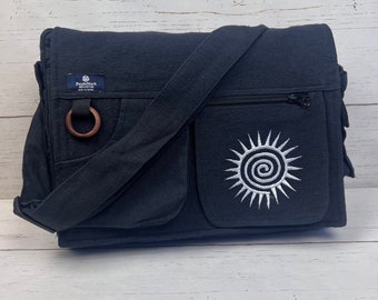 Bolso bandolera para portátil de mensajero de algodón negro, bolso de viaje de hombro, bolso para portátil de mensajero unisex, vegano ético, hippie boho, remolino