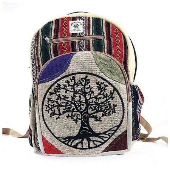 Handmade Tree of Life Backpack,LARGE Himalayan Hemp Backpack with LAPTOP POCKET, Travel Hiking Boho Bag Hippie Bag, Back to school Full Size