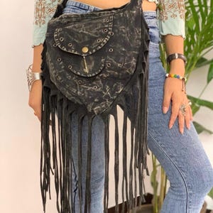 Stonewashed Triangular Cotton Crossbody Bag with Fringe, Boho Hippie Vintage Vibe Festival Bag, Fun Unisex  Gift, Handmade Bag Long Fringe