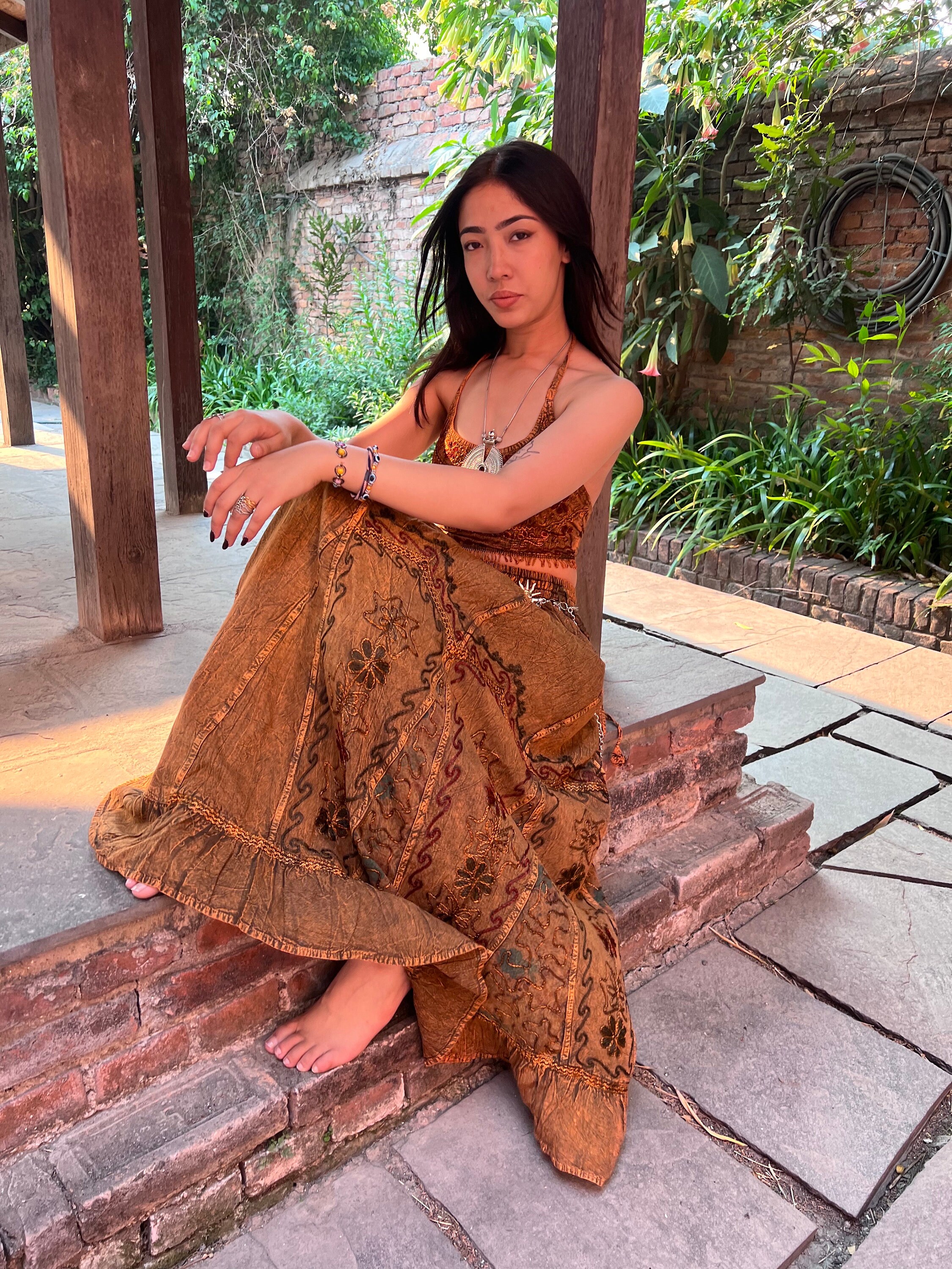 Vintage Style Bohemian Hippie Embroidered Skirt and Top Set