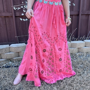 Fairy Boho Pink Flowy Festival Skirt, Vintage Vibe Embroidered Maxi Skirt,Forest Hippie Cottage Core Long Skirt,Floral Summer 60s Skirt gift