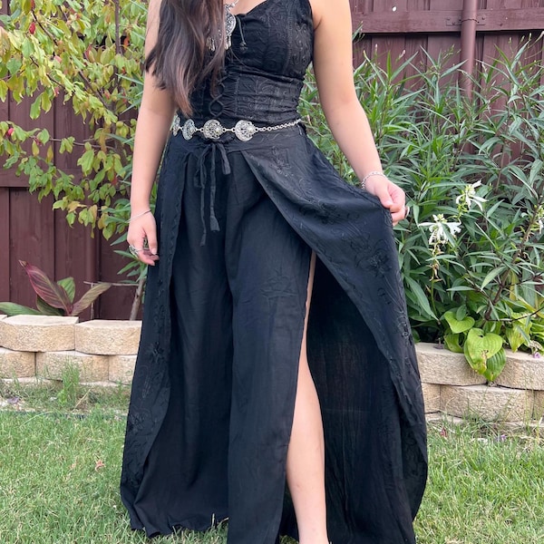 Wide Leg Boho Pants and Top Set, Handmade Embroidery Open Leg Trouser, Flowy Flare Bohemian Style Whimsigoth Vibe, Lace Up Corset Style Top