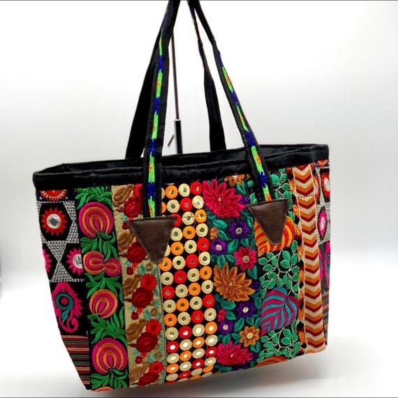 Colorful Boho Festival Tote Bag, Upcycled Ethnic Vintage  display picture 3