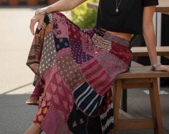 Patchwork-Maxirock, handgefertigter Boho-Rock, farbenfroher Hippie-Rock, Festival-Kleidung, A-Linien-Rock mit elastischem Bund, traditionelle Muster