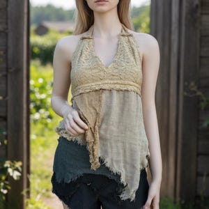 Top z koronką w stylu Pixie Fairy, letni top w stylu Cottage Core Rugged Grunge Boho Hippie, bawełniany top z frędzlami i wiązaniem z tyłu, top w stylu Tribal Festival, top cygański