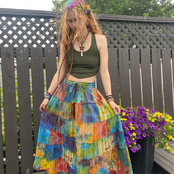 Tie Dye Patchwork Skirt, Bohemian Hippie Handmade Style, Grunge Rough Patchwork Skirt, Cottage Core ,Cotton Patchwork Hippie Skirt, Maxi