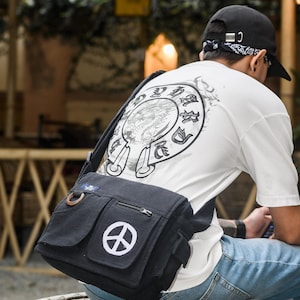 Messenger Crossbody Bag with Peace sign Embroidery/ Handmade Bag/ Crossbody/ Cotton Bag/ Vegan/ Organic/ Travel / Work / Casual/ Gift/Unisex