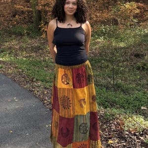 Falda midi de algodón patchwork con estampado de bloques, estilo bohemio hecho a mano, colorida, estilo hippie festivalero, moda vintage cottagecore, estampado de bloques imagen 13