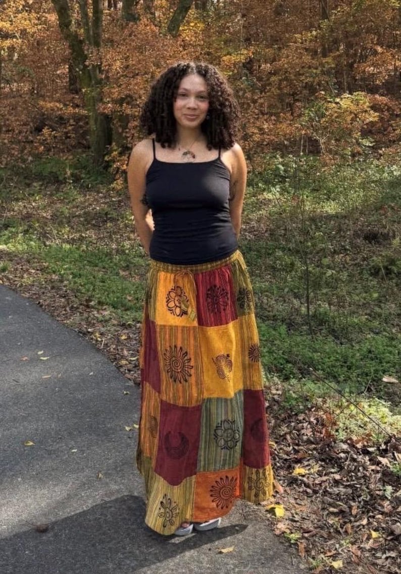 Falda midi de algodón patchwork con estampado de bloques, estilo bohemio hecho a mano, colorida, estilo hippie festivalero, moda vintage cottagecore, estampado de bloques imagen 13