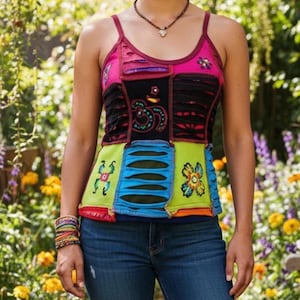 May include: A sleeveless tank top featuring a patchwork design with vibrant pink, black, lime green, and blue panels. The garment includes horizontal cut-out details, embroidered floral motifs, and a central Om symbol, paired with blue denim jeans.
