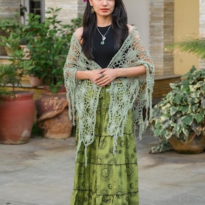 Hand Crocheted Floral Pattern Triangular Shawl, Handmade Fringed Crochet Cover Up, Cotton Yarn Crochet Fashion Outerwear, Floral Pattern