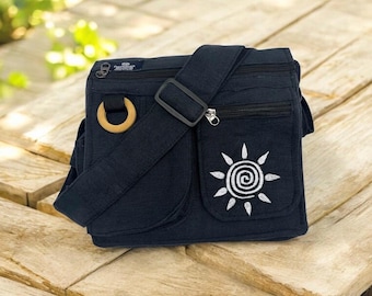 Black Cotton Crossbody Messenger Bag with Spiral Sun Embroidery | Handmade Boho Shoulder Bag | Festival Travel Everyday Bag | Multipocket