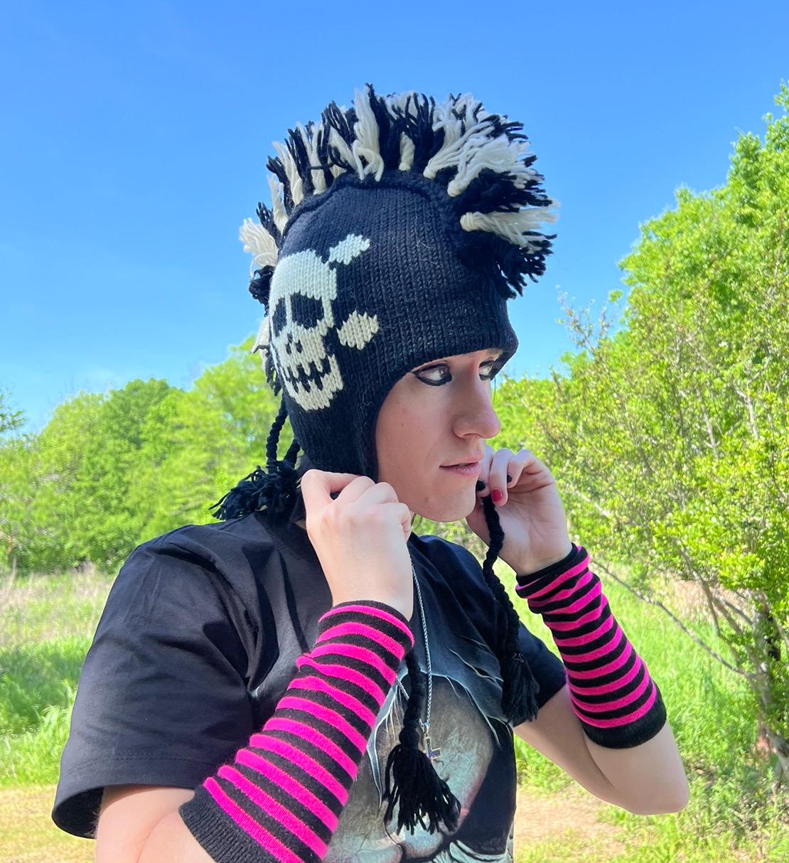 Black Skull Cap Mohawk Style, Hand Knitted Skull Beanie, Winter