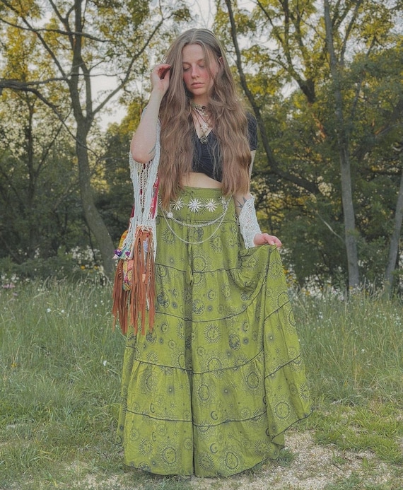 Akasiya Maxi Skirt,sun Moon Celestial Print Tiered Skirt, Fairy