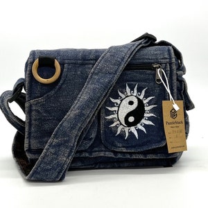 Multi Pocket Crossbody Messenger Bag, Yin Yang Stickerei, Minimalistische Freizeittasche, Crossbody Bag,Bio-Baumwolle, Schultertasche,Vegan Minimalist