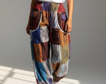 Unisex Handmade Patchwork Kathmandu Pants, Boho Hippie Harem Pants, Lightweight Festival Yoga Pants , Colorful Patcwork with Block Prints