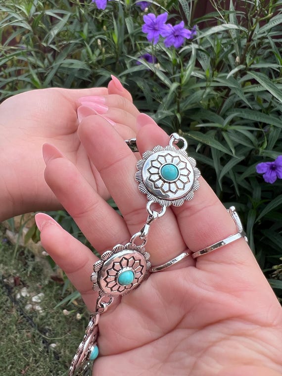 Silver Metal Chain Belt Turquoise Blue Coral Beads and