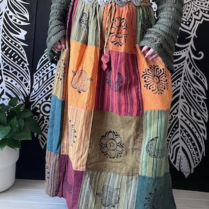 Block Print Patchwork Cotton Skirt, Bohemian Handmade Midi Skirt, Colorful Festival Hippie , Cottage Core Vintage Fashion , Block Print