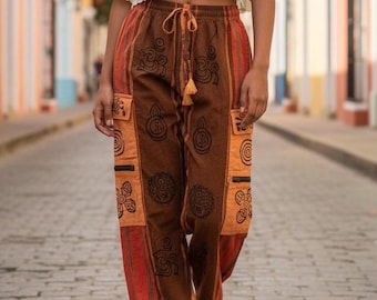 Schwere, stonewashed Baumwollhose, Boho-Hose mit Blockdruck, Unisex-Hippiehose, lässige Baumwollhose, Festivalhose