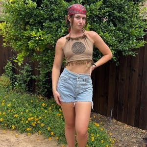 Divine Flower of Life Block Print Halter Cropped Top,Earthy Summer Cotton Back Tie Halter Top,Boho Hippie Festival Blouse, Fringe Details