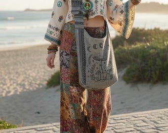 Handmade Messenger Crossbody Bag, Celestial Moon Phase and Mushroom Print Crossbody Hobo Bag, Bohemian Hippie Festival Bag, Unisex Casual