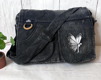 Black Stone-Washed Embroidered Messenger Bag,Unisex Cotton Laptop Shoulder Bag, Laptop Messenger Bag,Large Laptop Crossbody,Messenger Bag