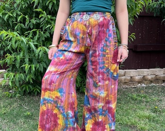 PINK BLUE SHIBORI Tie Dye Flare Leg Bell Bottom Palazzo Gaucho