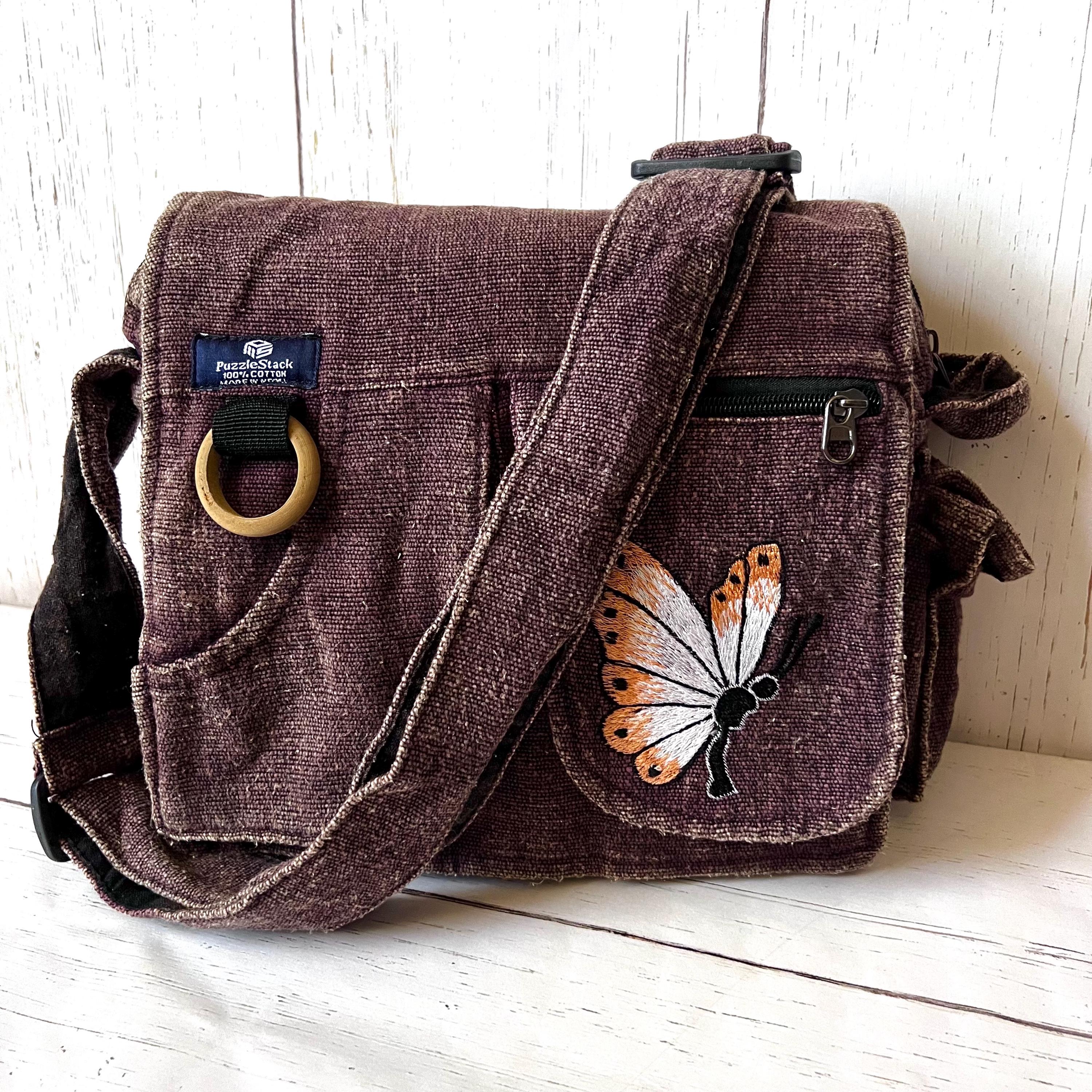 Multi pocket Crossbody Messenger Bag, Butterfly Embroidery,Minimalist Casual bag, Crossbody Bag,Organic Cotton, Shoulder Bag,Vegan gift
