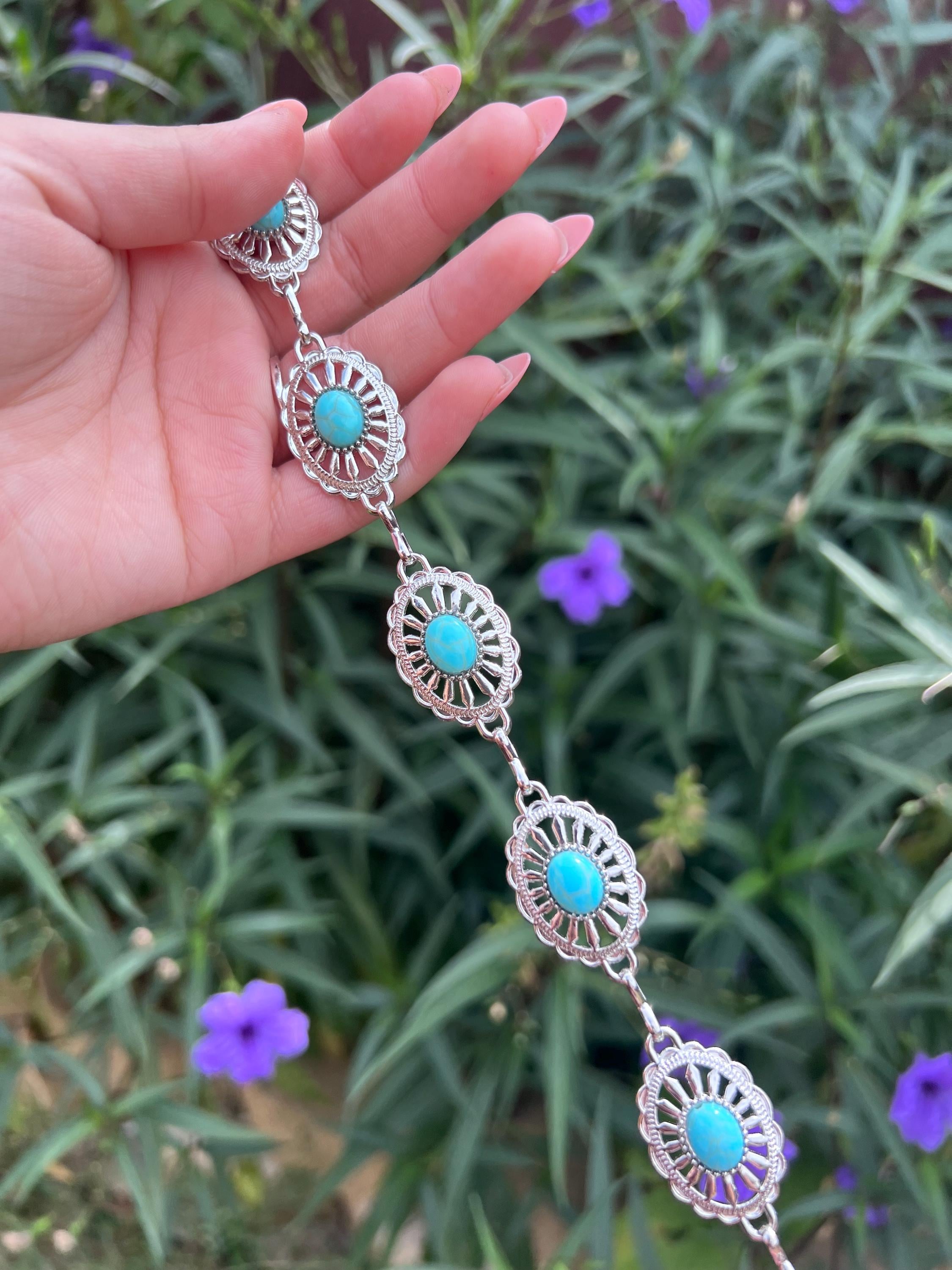 Silver Metal Chain Belt Turquoise Blue Coral Beads and  display picture 2