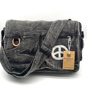 ブラックストーンウォッシュ刺繍メッセンジャーバッグ、ユニセックスコットンラップトップショルダーバッグ、ラップトップメッセンジャーバッグ、ラージラップトップクロスボディ、メッセンジャーバッグ