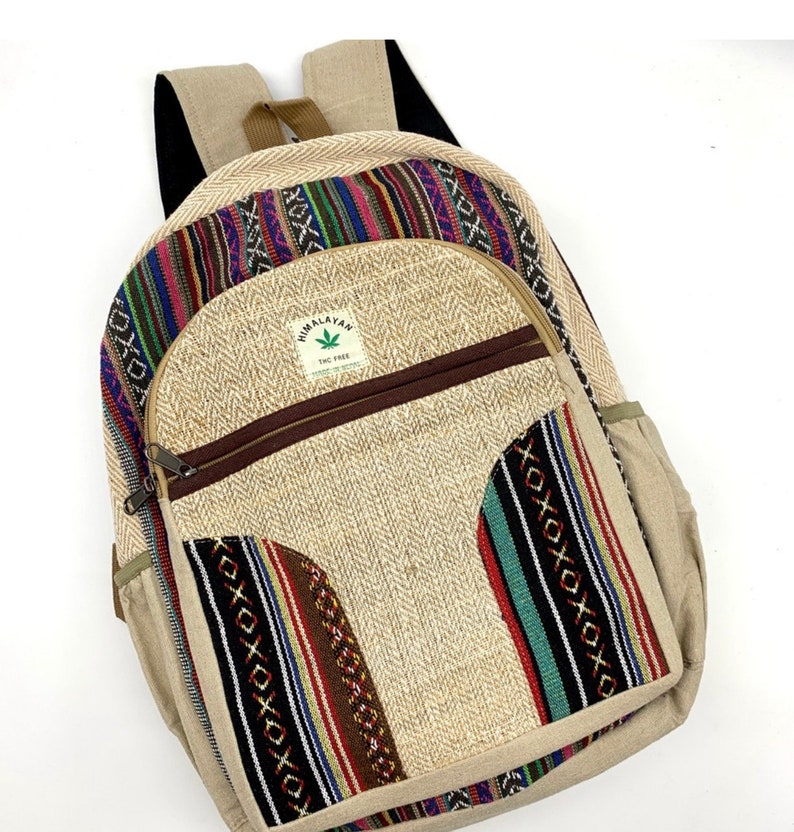 Handmade Large Hemp Laptop Backpack ,LARGE Himalayan Hemp Backpack with LAPTOP POCKET, Fair Trade Hiking Boho Bag Hippie Bag,Travel Bag image 1