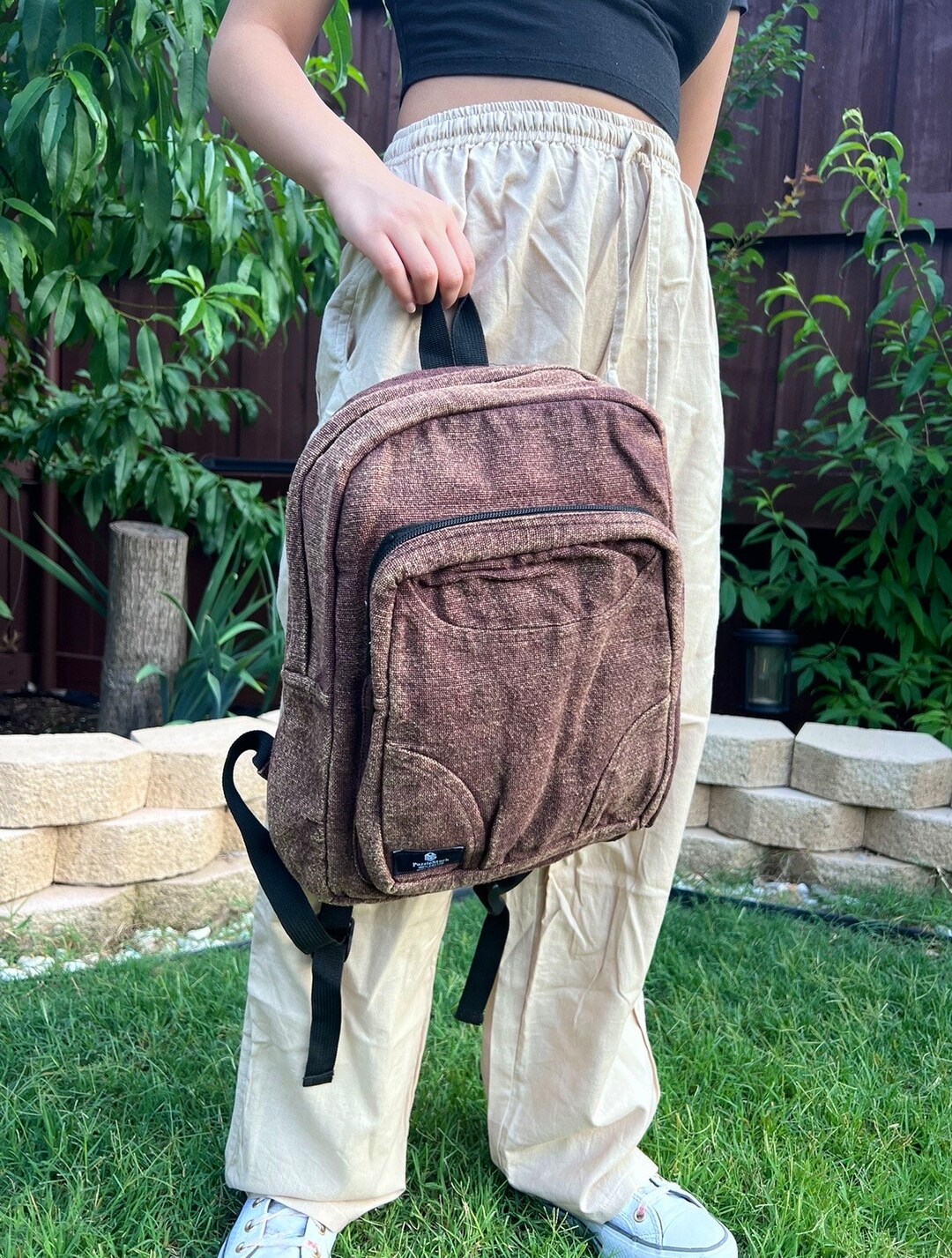 Stonewashed Heavy Cotton Backpack Brown Stonewashed Heavy Cotton Backpack Brown, Washable Handmade  main image 3