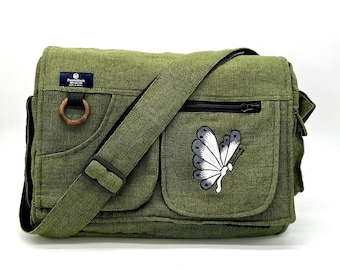 Messenger Laptop Tasche, handgefertigte Baumwolle Crossbody, Schmetterling Stickerei, Unisex Design, durchdachtes Geschenk, Waschbare Tasche, Schultertasche, Reisetasche